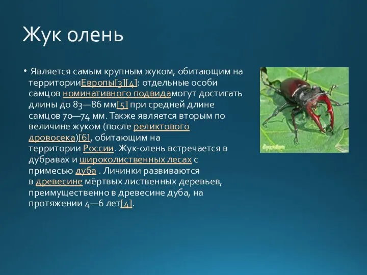 Жук олень Является самым крупным жуком, обитающим на территорииЕвропы[3][4]: отдельные особи