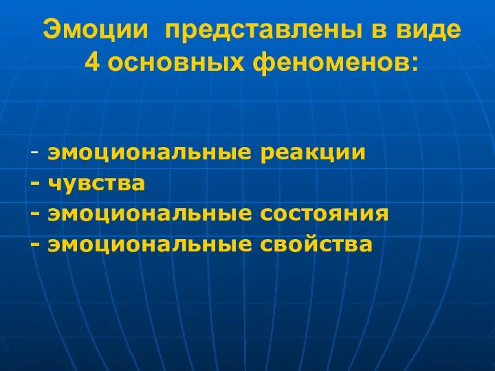 Эмоции представлены в виде 4 основных феноменов: - эмоциональные реакции -