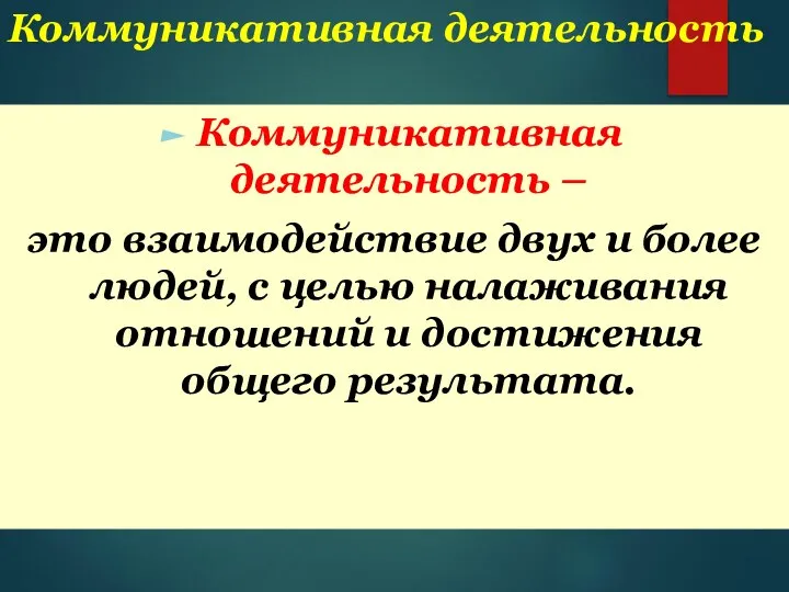 Коммуникативная деятельность Коммуникативная деятельность – это взаимодействие двух и более людей,