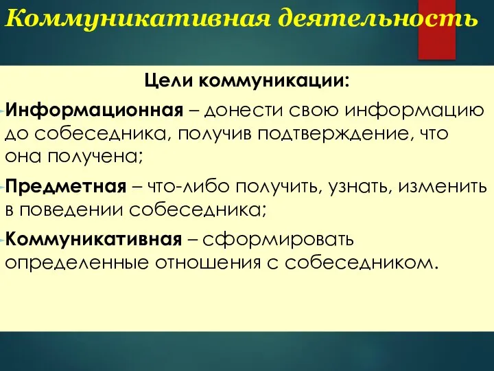 Коммуникативная деятельность Цели коммуникации: Информационная – донести свою информацию до собеседника,