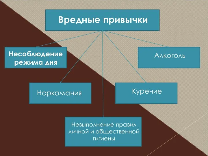 Вредные привычки Несоблюдение режима дня Невыполнение правил личной и общественной гигиены Алкоголь Курение Наркомания