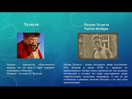 Хулиган Хулиган - нарушитель общественного порядка, тот, кто явно и грубо