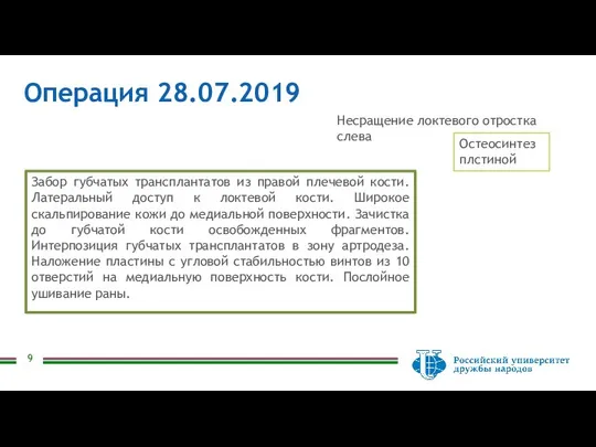 Операция 28.07.2019 Забор губчатых трансплантатов из правой плечевой кости. Латеральный доступ