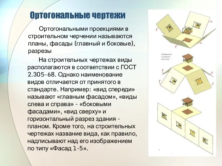 Ортогональные чертежи Ортогональными проекциями в строительном черчении называются планы, фасады (главный