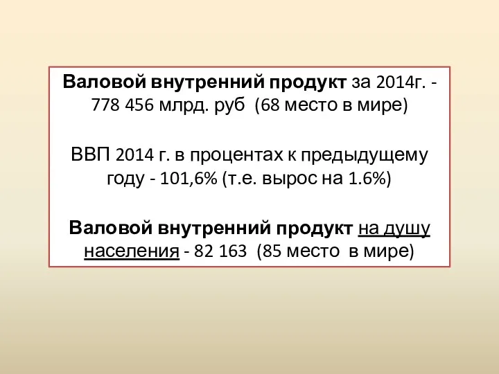 Валовой внутренний продукт за 2014г. - 778 456 млрд. руб (68