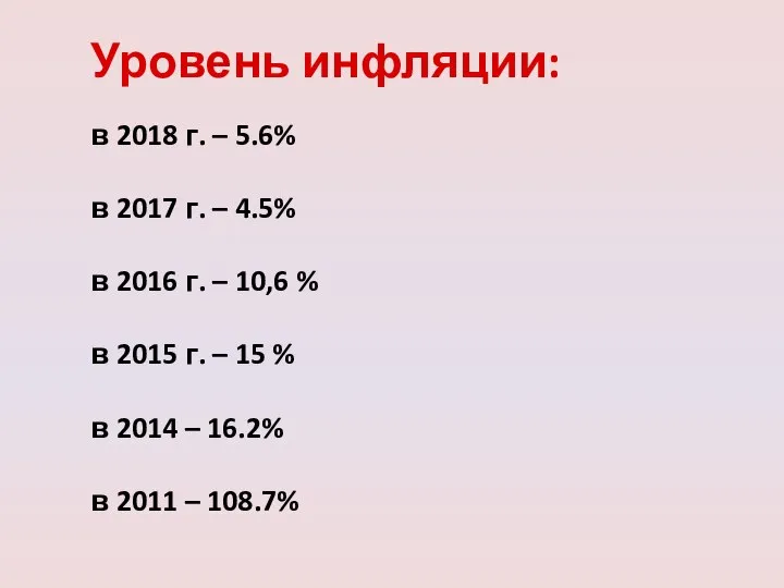 Уровень инфляции: в 2018 г. – 5.6% в 2017 г. –