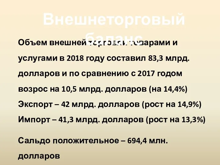 Объем внешней торговли товарами и услугами в 2018 году составил 83,3