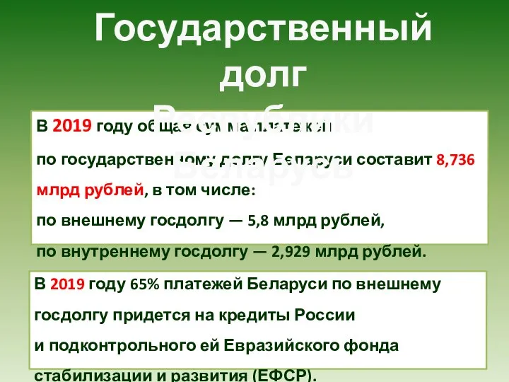 В 2019 году общая сумма платежей по государственному долгу Беларуси составит