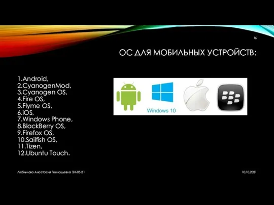 ОС ДЛЯ МОБИЛЬНЫХ УСТРОЙСТВ: 1.Android, 2.CyanogenMod, 3.Cyanogen OS, 4.Fire OS, 5.Flyme