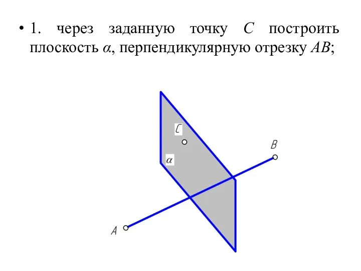 1. через заданную точку С построить плоскость α, перпендикулярную отрезку АВ;