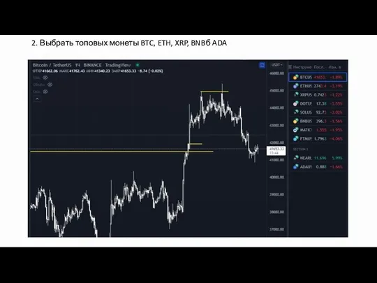 2. Выбрать топовых монеты BTC, ETH, XRP, BNBб ADA