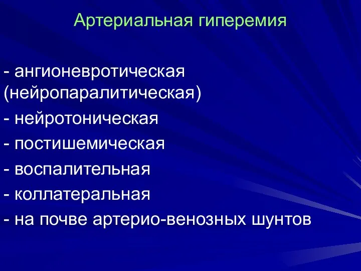 Артериальная гиперемия - ангионевротическая (нейропаралитическая) - нейротоническая - постишемическая - воспалительная