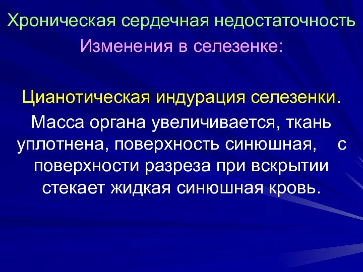 Хроническая сердечная недостаточность Изменения в селезенке: Цианотическая индурация селезенки. Масса органа