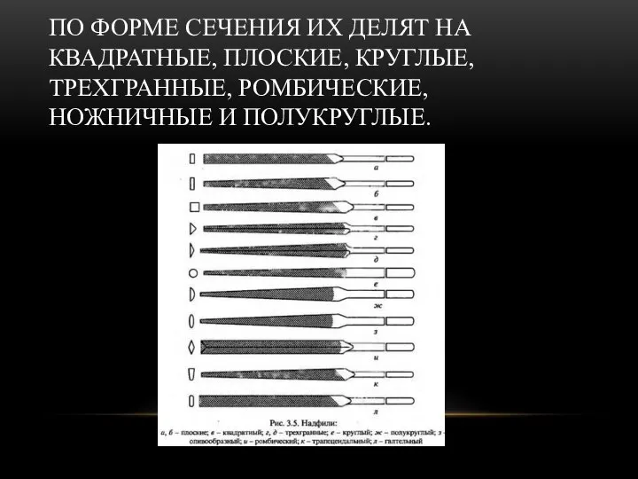 ПО ФОРМЕ СЕЧЕНИЯ ИХ ДЕЛЯТ НА КВАДРАТНЫЕ, ПЛОСКИЕ, КРУГЛЫЕ, ТРЕХГРАННЫЕ, РОМБИЧЕСКИЕ, НОЖНИЧНЫЕ И ПОЛУКРУГЛЫЕ.