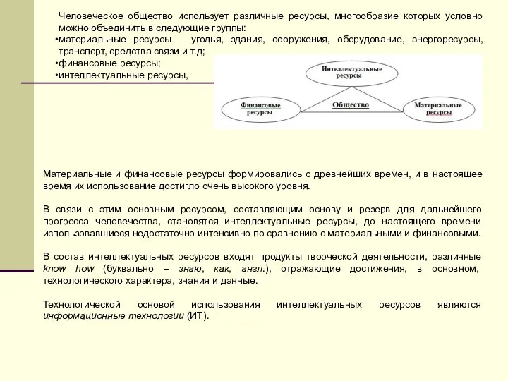 Человеческое общество использует различные ресурсы, многообразие которых условно можно объединить в