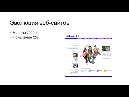 Эволюция веб-сайтов Начало 2000-х Появление CSS