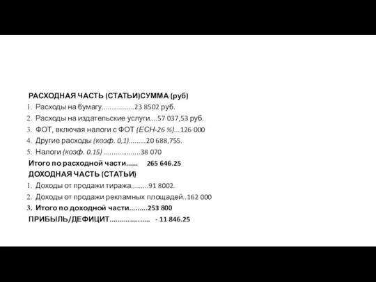 РАСХОДНАЯ ЧАСТЬ (СТАТЬИ)СУММА (руб) Расходы на бумагу.................23 8502 руб. Расходы на