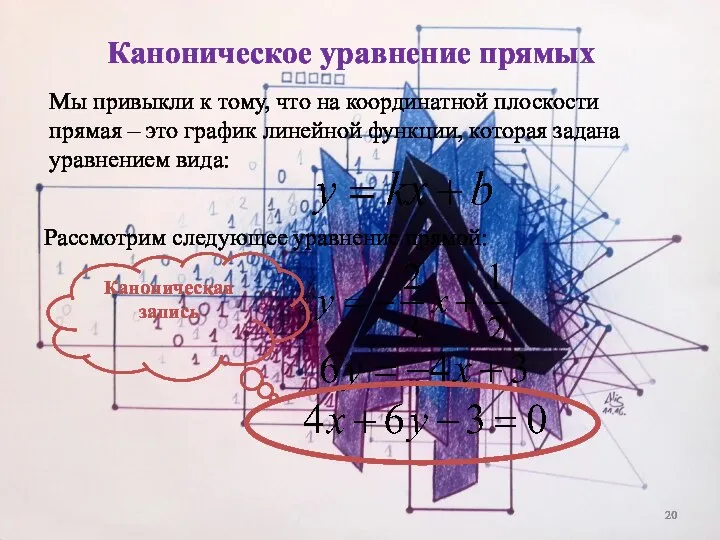 Каноническое уравнение прямых Мы привыкли к тому, что на координатной плоскости