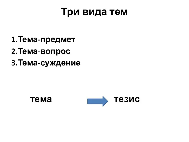 Три вида тем 1.Тема-предмет 2.Тема-вопрос 3.Тема-суждение тема тезис