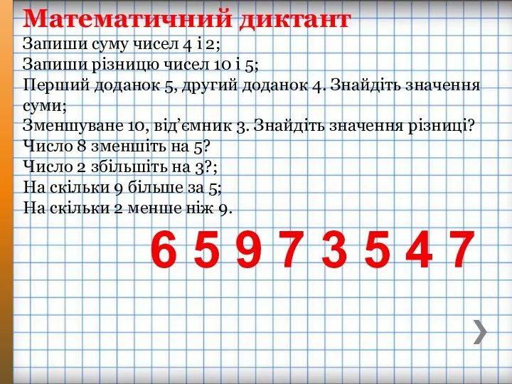 Математичний диктант Запиши суму чисел 4 і 2; Запиши різницю чисел