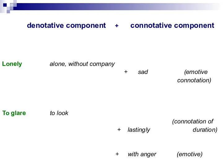 denotative component + connotative component Lonely alone, without company + sad