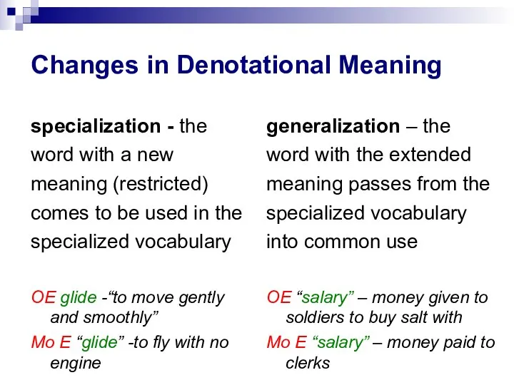 Changes in Denotational Meaning specialization - the word with a new