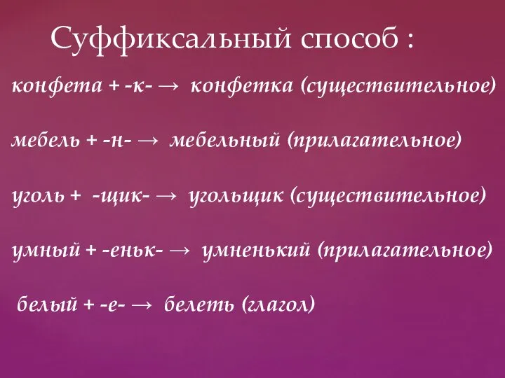 конфета + -к- → конфетка (существительное) мебель + -н- → мебельный