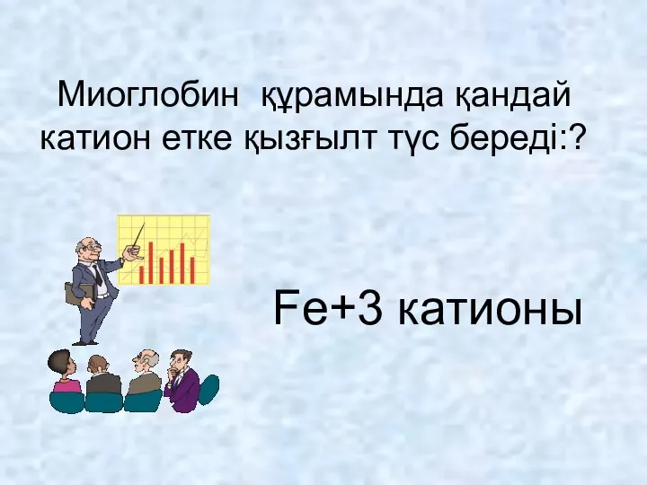 Миоглобин құрамында қандай катион етке қызғылт түс береді:? Fe+3 катионы