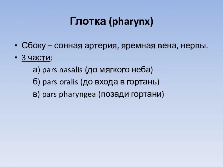 Глотка (pharynx) Сбоку – сонная артерия, яремная вена, нервы. 3 части: