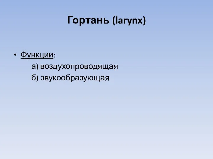 Гортань (larynx) Функции: а) воздухопроводящая б) звукообразующая