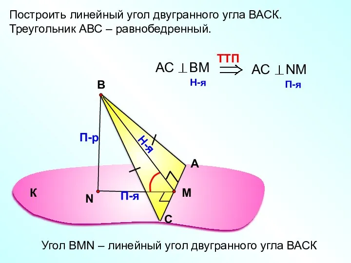 Построить линейный угол двугранного угла ВАСК. Треугольник АВС – равнобедренный. А