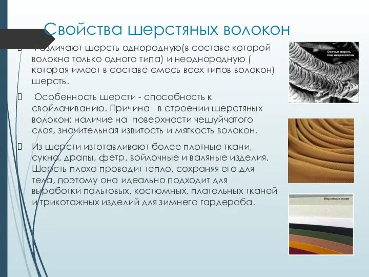 Свойства шерстяных волокон Различают шерсть однородную(в составе которой волокна только одного