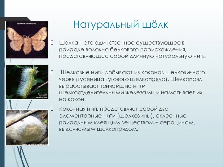 Натуральный шёлк Шелка – это единственное существующее в природе волокно белкового