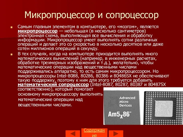 Содержание Микропроцессор и сопроцессор Самым главным элементом в компьютере, его «мозгом»,