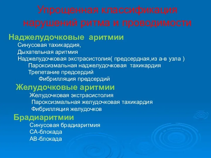 Упрощенная классификация нарушений ритма и проводимости Наджелудочковые аритмии Синусовая тахикардия, Дыхательная