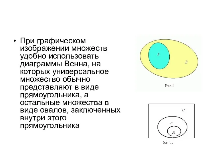 При графическом изображении множеств удобно использовать диаграммы Венна, на которых универсальное