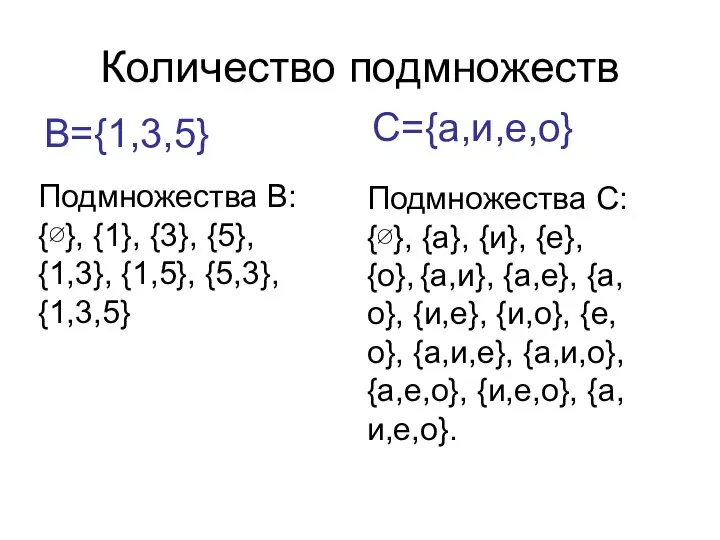 Количество подмножеств В={1,3,5} Подмножества В: {∅}, {1}, {3}, {5}, {1,3}, {1,5},