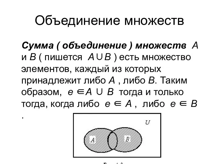 Объединение множеств Сумма ( объединение ) множеств А и В (