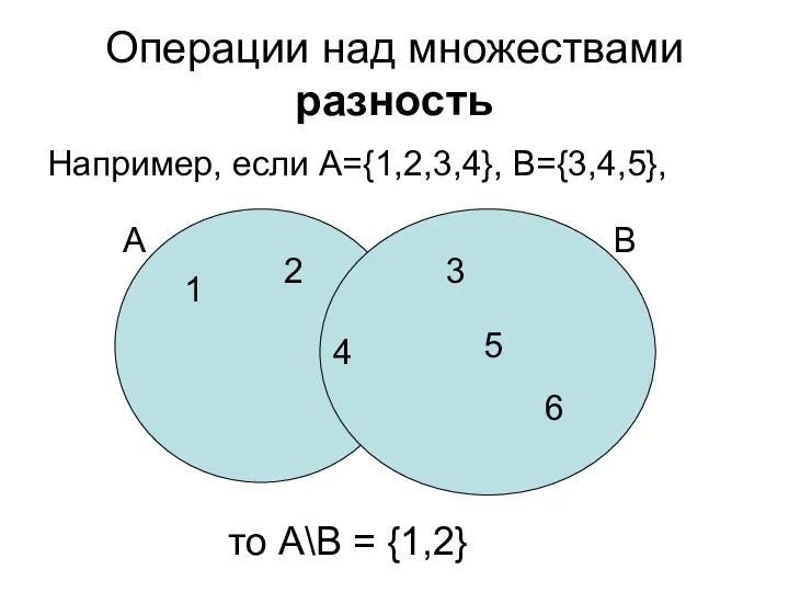 Операции над множествами разность Например, если А={1,2,3,4}, B={3,4,5}, то А\В =