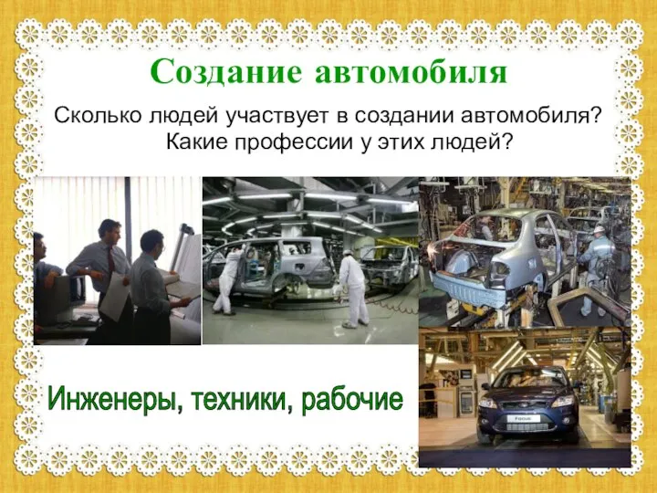 Создание автомобиля Сколько людей участвует в создании автомобиля? Какие профессии у этих людей? Инженеры, техники, рабочие