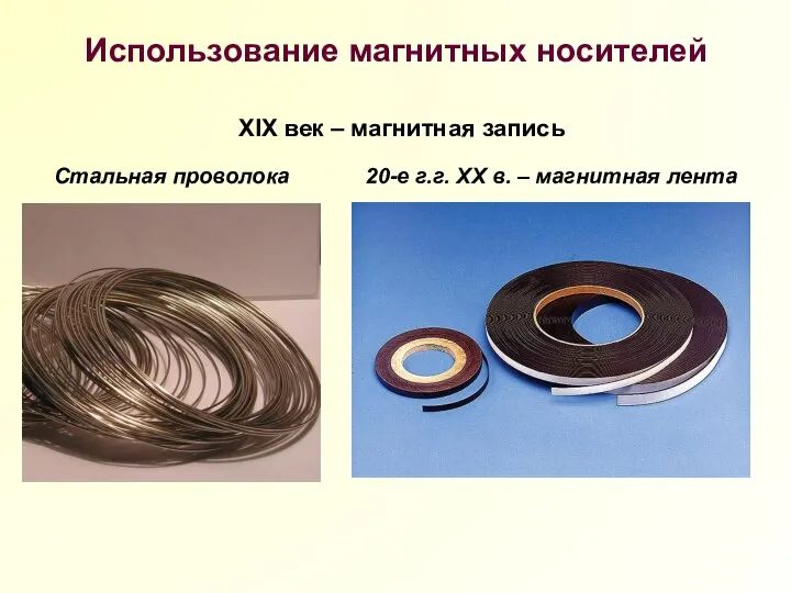 Использование магнитных носителей XIX век – магнитная запись Стальная проволока 20-е