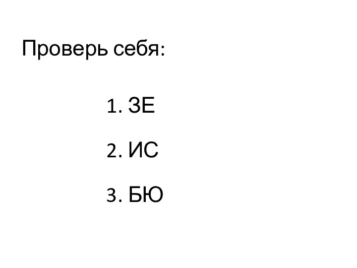 Проверь себя: 1. ЗЕ 2. ИС 3. БЮ