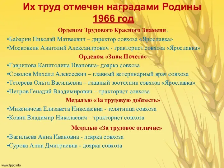 Их труд отмечен наградами Родины 1966 год Орденом Трудового Красного Знамени.