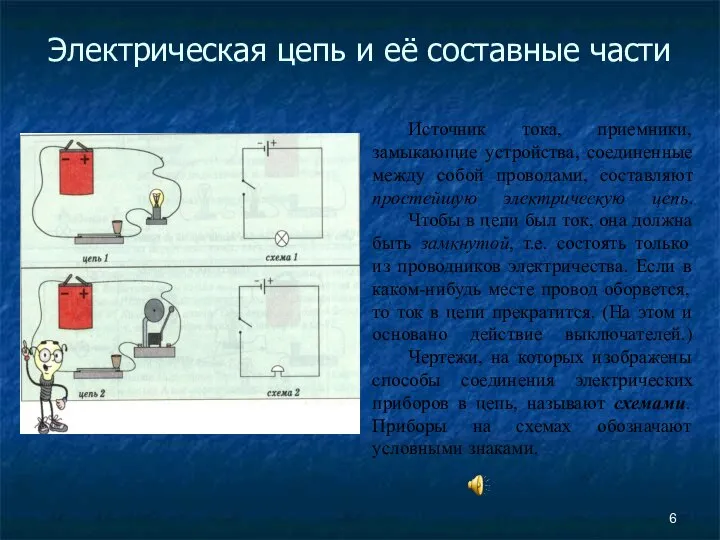 Источник тока, приемники, замыкающие устройства, соединенные между собой проводами, составляют простейшую