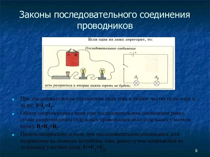 Законы последовательного соединения проводников При последовательном соединении сила тока в любых