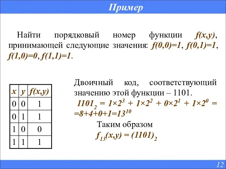 Пример Найти порядковый номер функции f(x,y), принимающей следующие значения: f(0,0)=1, f(0,1)=1,