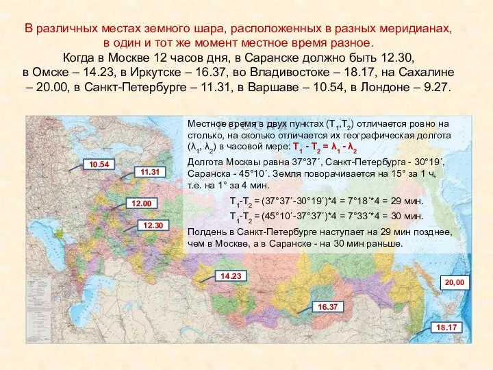 В различных местах земного шара, расположенных в разных меридианах, в один