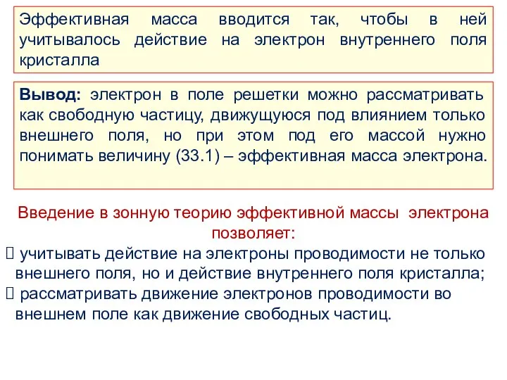 Вывод: электрон в поле решетки можно рассматривать как свободную частицу, движущуюся