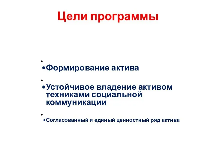 Цели программы Формирование актива Устойчивое владение активом техниками социальной коммуникации Согласованный и единый ценностный ряд актива