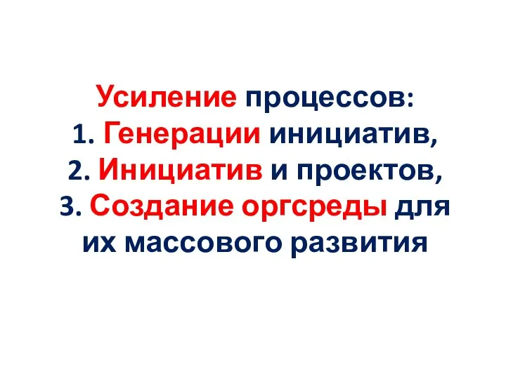 Усиление процессов: 1. Генерации инициатив, 2. Инициатив и проектов, 3. Создание оргсреды для их массового развития